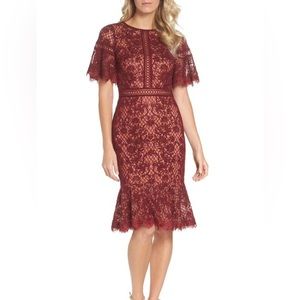 Tadashi Shoji Embroidered Burgundy and Nude Mesh Dress NWOT Size 10